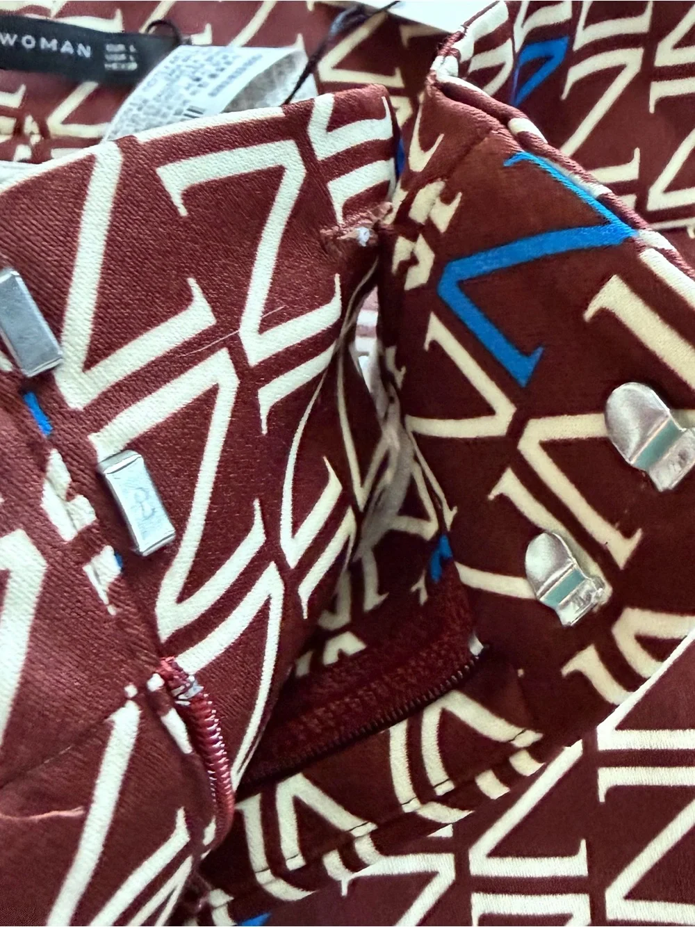 Zara Woman NWT Geometric Print Straight Leg Pants Burgundy Blue Size L